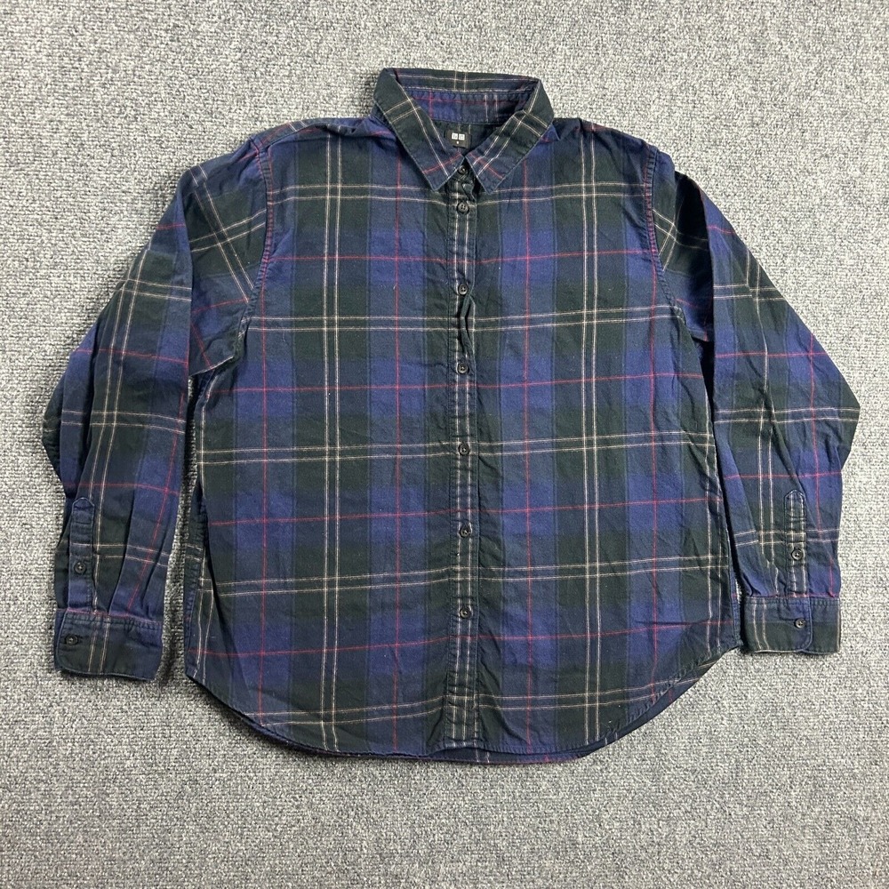 Uniqlo Flannel Top Womens Medium Blue Plaid Lightweight 100% Cotton Adults